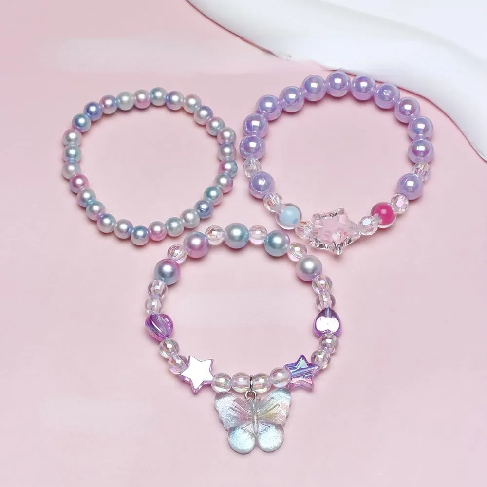 3Pcs Colorful Rainbow Heart Star Butterfly Charm Beaded Bracelets Set Preppy Y2k Cute Acrylic Love Letter Round Beads Bracelet Friendship Jewelry for Women