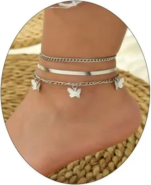 3Pcs Cuban Link Ankle Bracelet Set for Women Gold Plated Stainless Steel Butterfly Snake Chain Anklets Layered Butterfly Chain Anklet for Summer Beach Jewelry