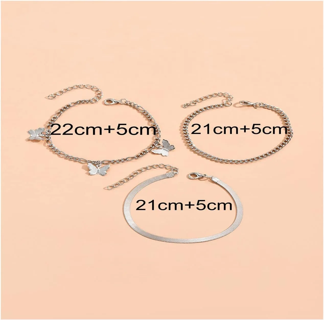 3Pcs Cuban Link Ankle Bracelet Set for Women Gold Plated Stainless Steel Butterfly Snake Chain Anklets Layered Butterfly Chain Anklet for Summer Beach Jewelry