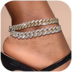 3PCS Gold Silver Ankle Bracelets for Women Clustered Tennis Anklets Bracelet Layered Link Anklet Set Bling Rhinestone Fashion Jewelry for Women Set