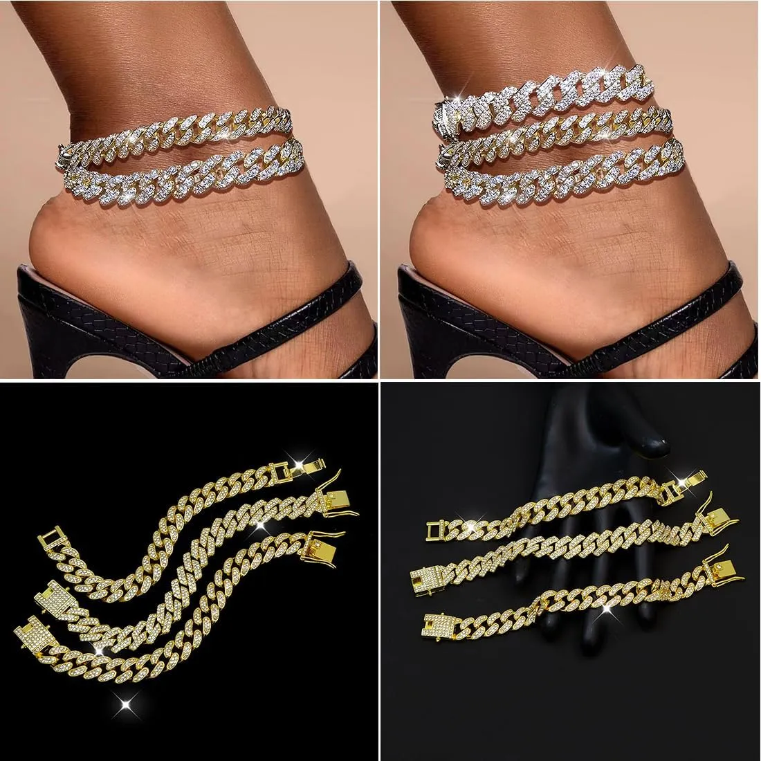 3PCS Gold Silver Ankle Bracelets for Women Clustered Tennis Anklets Bracelet Layered Link Anklet Set Bling Rhinestone Fashion Jewelry for Women Set