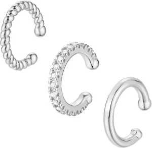 3Pcs Silver Ear Cuff Gold Earrings for Women Non Piercing Cubic Zirconia Sparkling Round Huggie Clip On Fake Cartilage Earrings Set for Gift