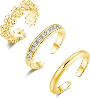 3Pcs Toe Rings for Women, Adjustable Open Toe Ring 18K Gold Cubic Zirconia Daisy Flower Simple Thin Band Hug Rings Stackable Hawaiian Summer Beach Foot Jewelry Set