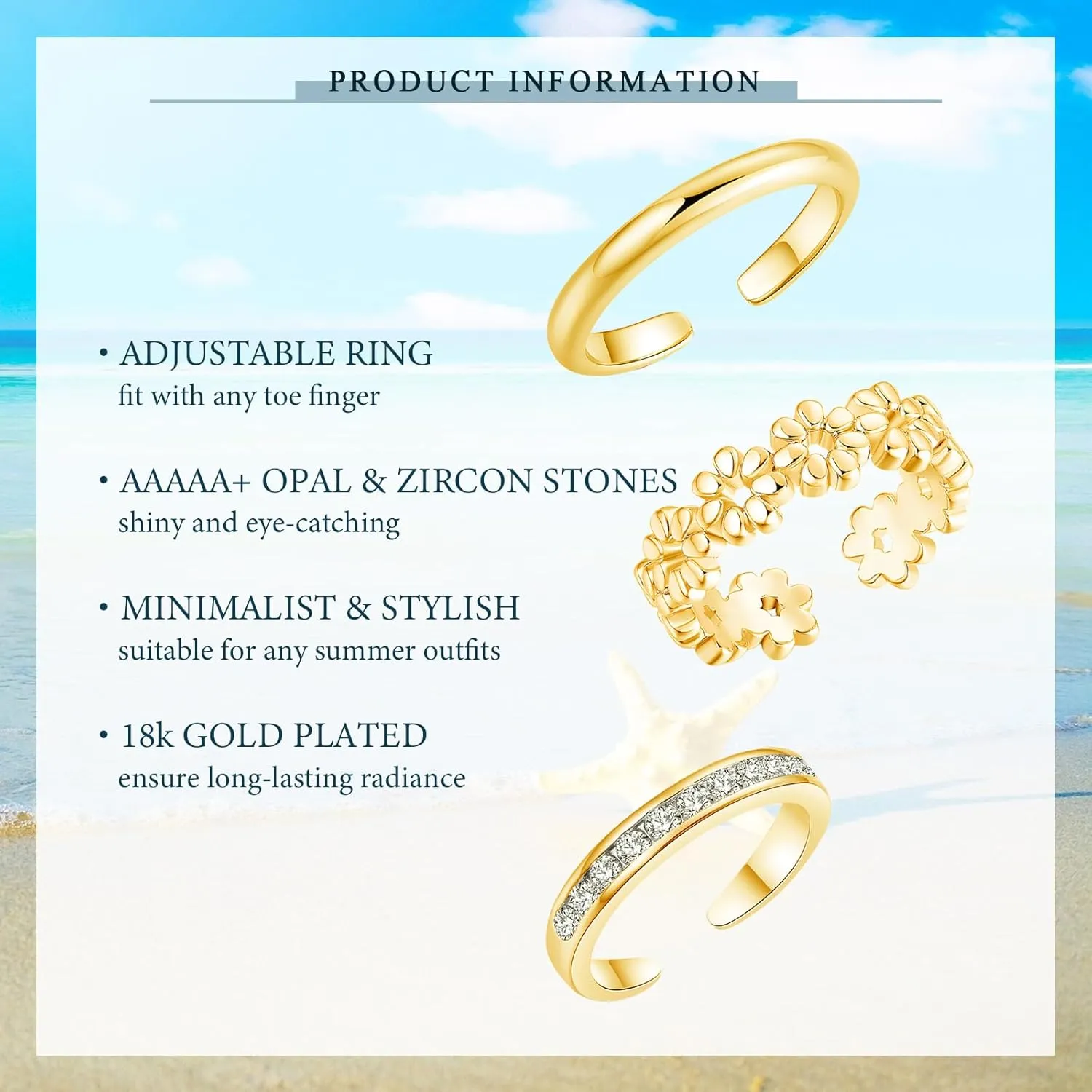 3Pcs Toe Rings for Women, Adjustable Open Toe Ring 18K Gold Cubic Zirconia Daisy Flower Simple Thin Band Hug Rings Stackable Hawaiian Summer Beach Foot Jewelry Set