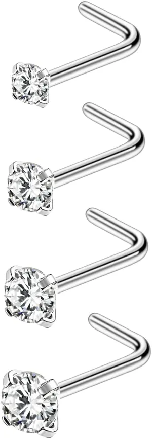 4-6pcs 20g Nose Rings Studs Surgical Steel Nose Rings CZ L Shaped Corkscrew Nose Ring Studs for Women Men Small Cute Silver Rose Gold Black Nose Rings Stud 1.5mm 2mm 2.5mm 3mm Nostril Piercing jewelry