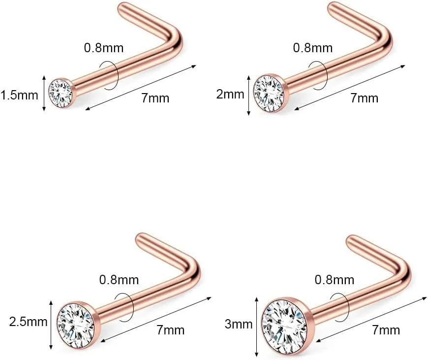 4-6pcs 20g Nose Rings Studs Surgical Steel Nose Rings CZ L Shaped Corkscrew Nose Ring Studs for Women Men Small Cute Silver Rose Gold Black Nose Rings Stud 1.5mm 2mm 2.5mm 3mm Nostril Piercing jewelry