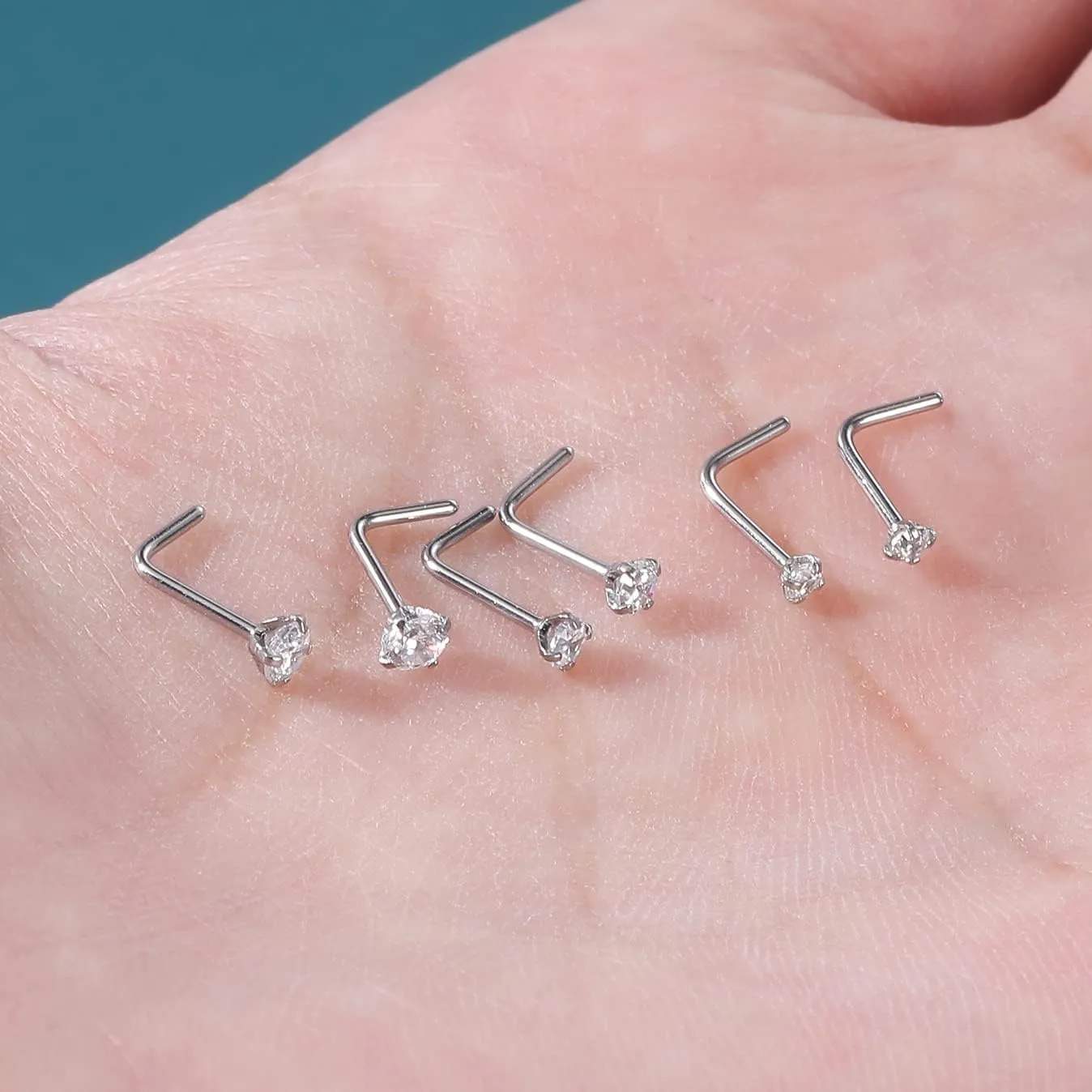 4-6pcs 20g Nose Rings Studs Surgical Steel Nose Rings CZ L Shaped Corkscrew Nose Ring Studs for Women Men Small Cute Silver Rose Gold Black Nose Rings Stud 1.5mm 2mm 2.5mm 3mm Nostril Piercing jewelry