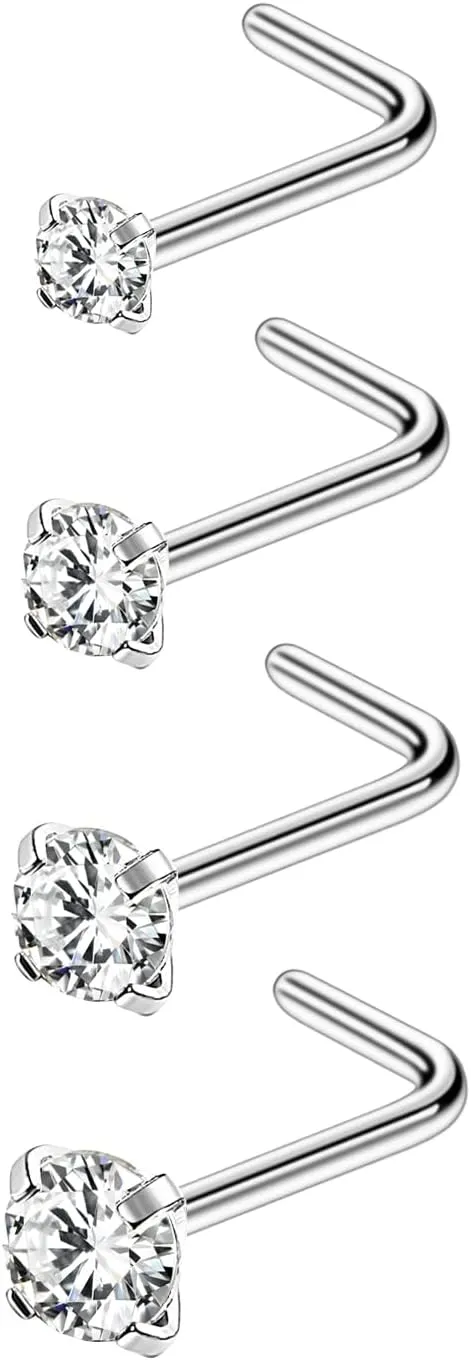 4-6pcs 20g Nose Rings Studs Surgical Steel Nose Rings CZ L Shaped Corkscrew Nose Ring Studs for Women Men Small Cute Silver Rose Gold Black Nose Rings Stud 1.5mm 2mm 2.5mm 3mm Nostril Piercing jewelry