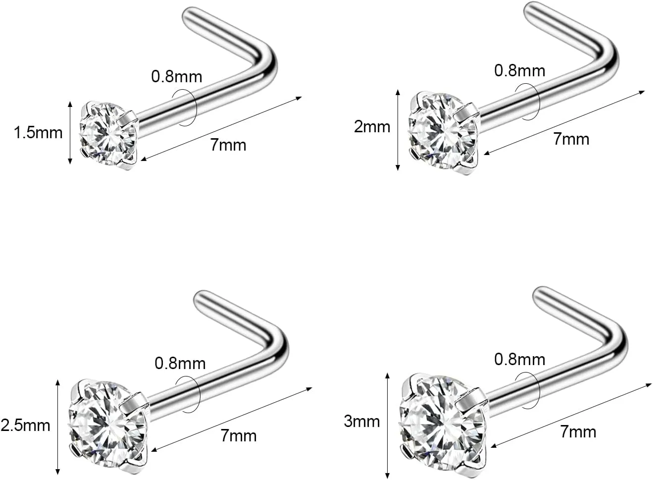 4-6pcs 20g Nose Rings Studs Surgical Steel Nose Rings CZ L Shaped Corkscrew Nose Ring Studs for Women Men Small Cute Silver Rose Gold Black Nose Rings Stud 1.5mm 2mm 2.5mm 3mm Nostril Piercing jewelry