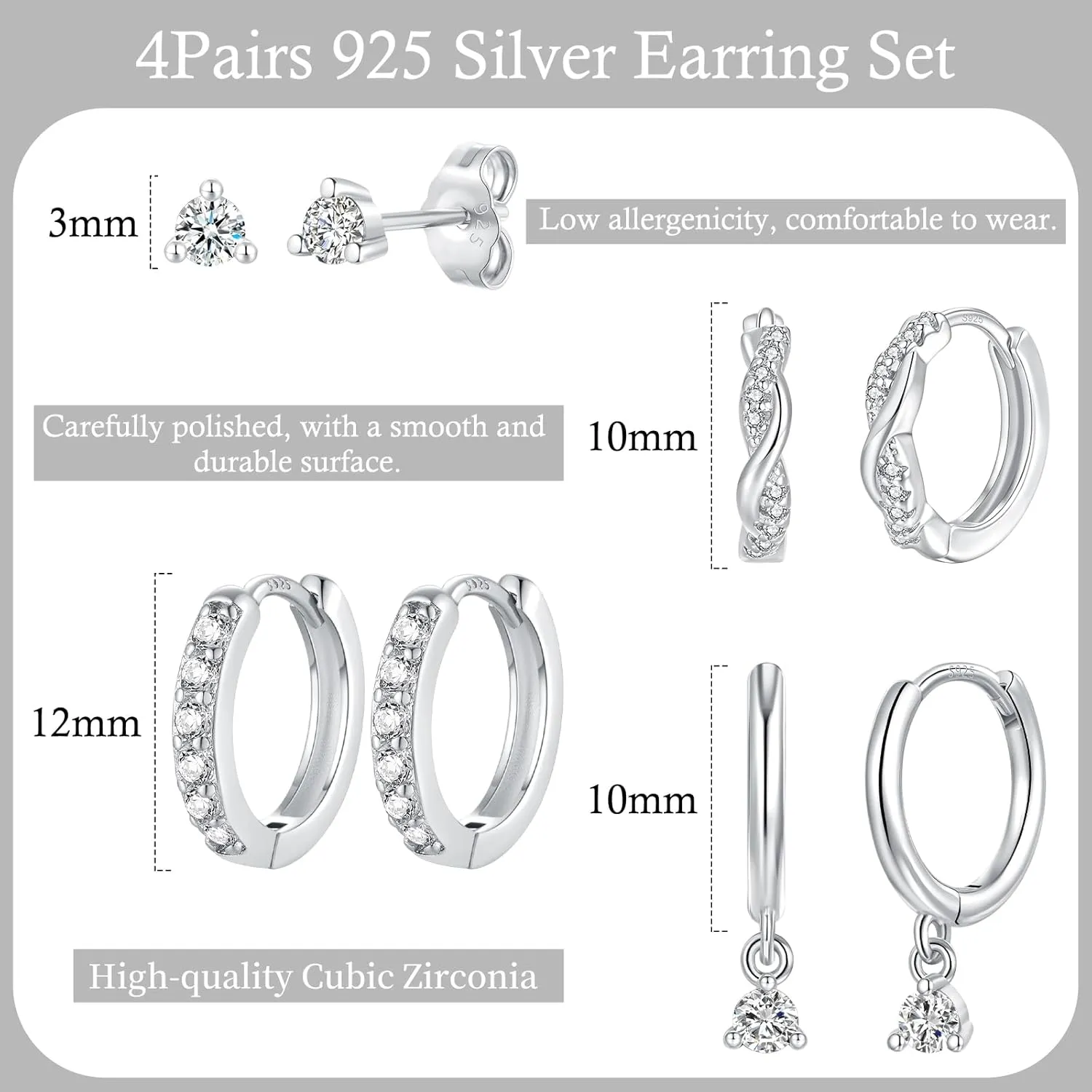 4 Pairs 925 Sterling Silver Small hoop Earrings Set for Women Cubic Zirconia Stud Hoop Huggie Helix Earring for Multiple Piercing Hypoallergenic Cartilage Earrings Set (10/10/12MM Hoops 3MM Stud