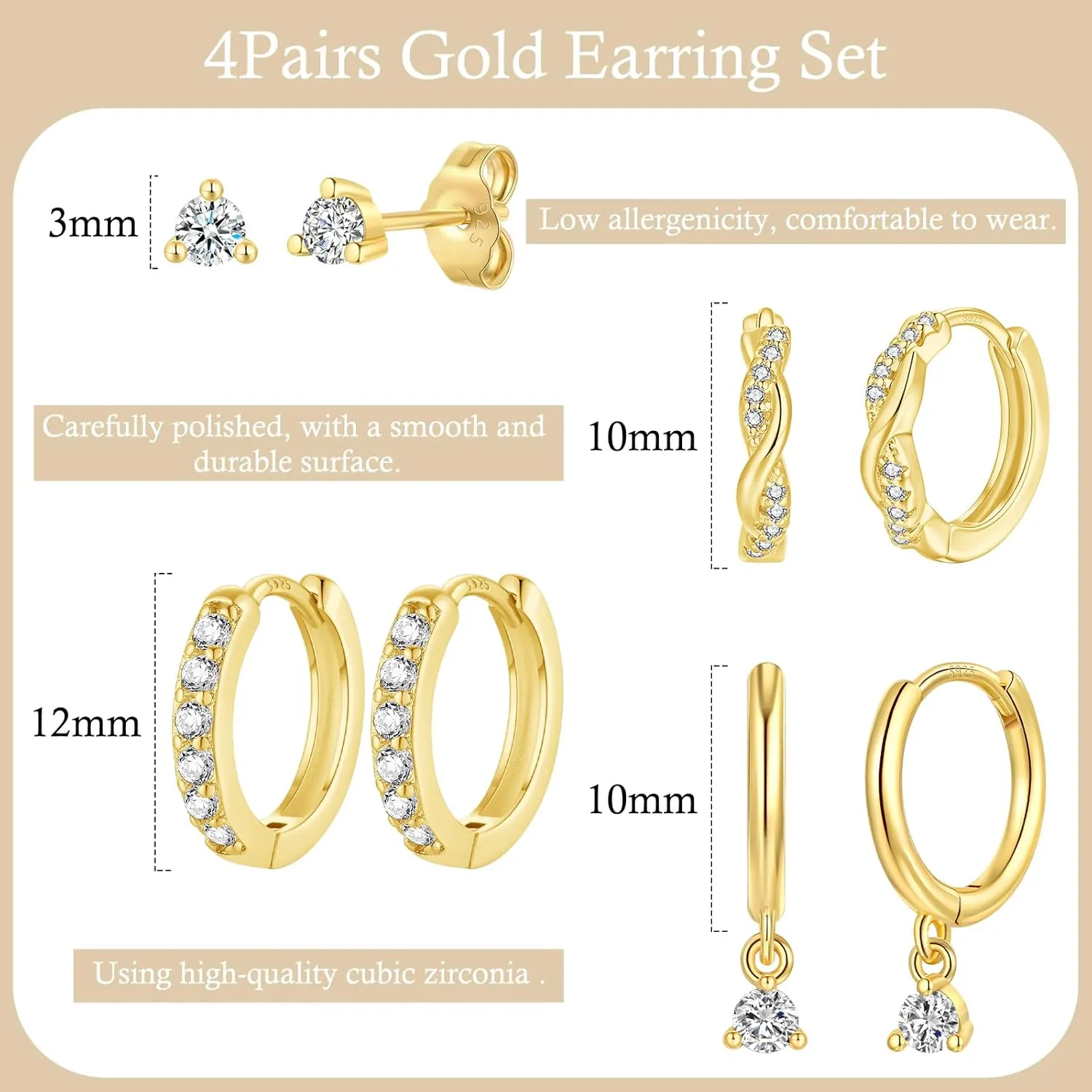 4 Pairs 925 Sterling Silver Small hoop Earrings Set for Women Cubic Zirconia Stud Hoop Huggie Helix Earring for Multiple Piercing Hypoallergenic Cartilage Earrings Set (10/10/12MM Hoops 3MM Stud