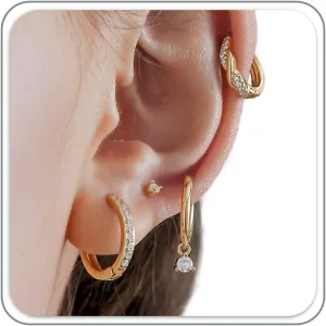 4 Pairs 925 Sterling Silver Small hoop Earrings Set for Women Cubic Zirconia Stud Hoop Huggie Helix Earring for Multiple Piercing Hypoallergenic Cartilage Earrings Set (10/10/12MM Hoops 3MM Stud