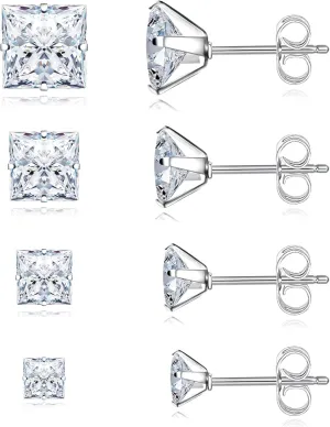 4 Pairs Stainless Steel Earrings, Square Stud Earrings for Men and Women, Hypoallergenic Cubic Zirconia Earing Set Lab-Diamond Princess Cut Jewelry Aretes De Hombre
