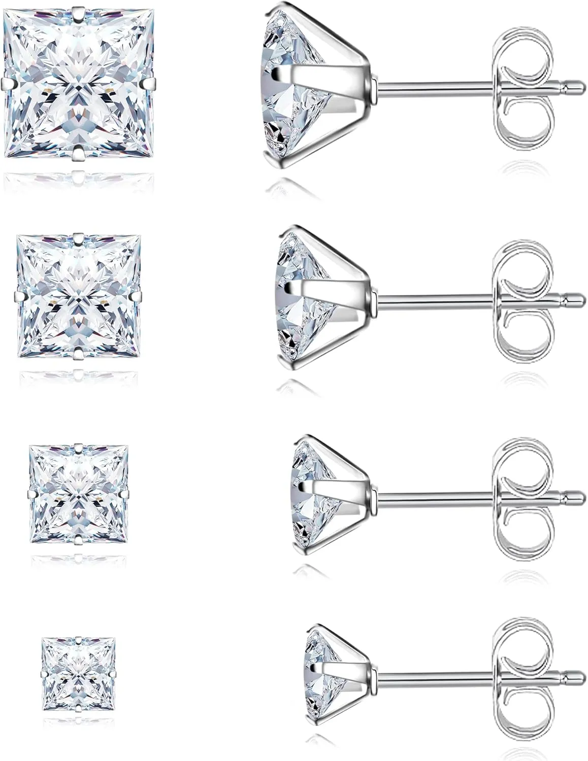 4 Pairs Stainless Steel Earrings, Square Stud Earrings for Men and Women, Hypoallergenic Cubic Zirconia Earing Set Lab-Diamond Princess Cut Jewelry Aretes De Hombre