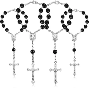 4 Pieces Auto Rosary for Rearview Mirror Pearl Glass Beads Catholic Bracelet Rosary Beads Catholic for Woman Men Car Rosary with Cross Crucifix Rosary Necklace Hanging Accessories (Black Beads)
