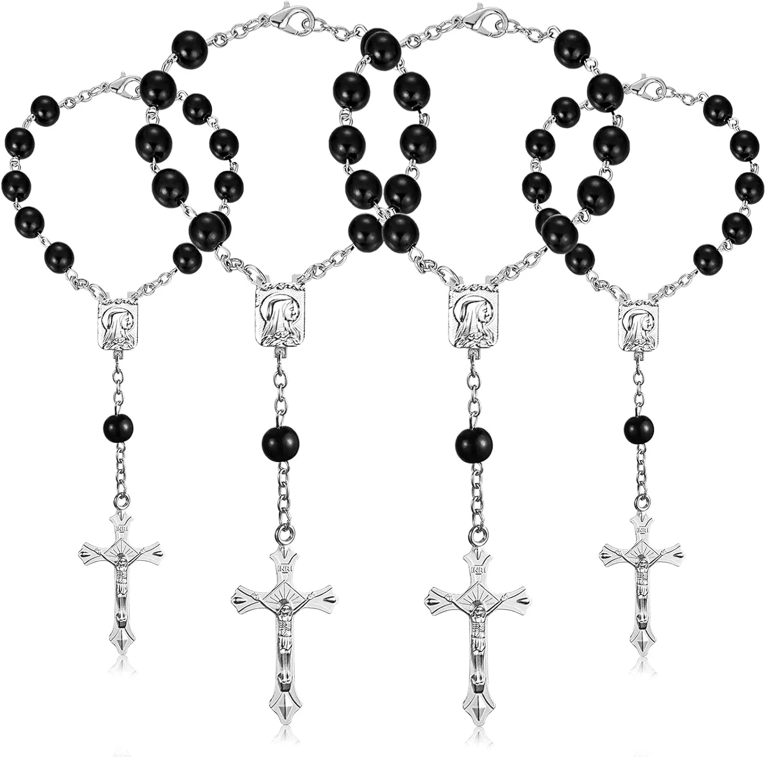 4 Pieces Auto Rosary for Rearview Mirror Pearl Glass Beads Catholic Bracelet Rosary Beads Catholic for Woman Men Car Rosary with Cross Crucifix Rosary Necklace Hanging Accessories (Black Beads)