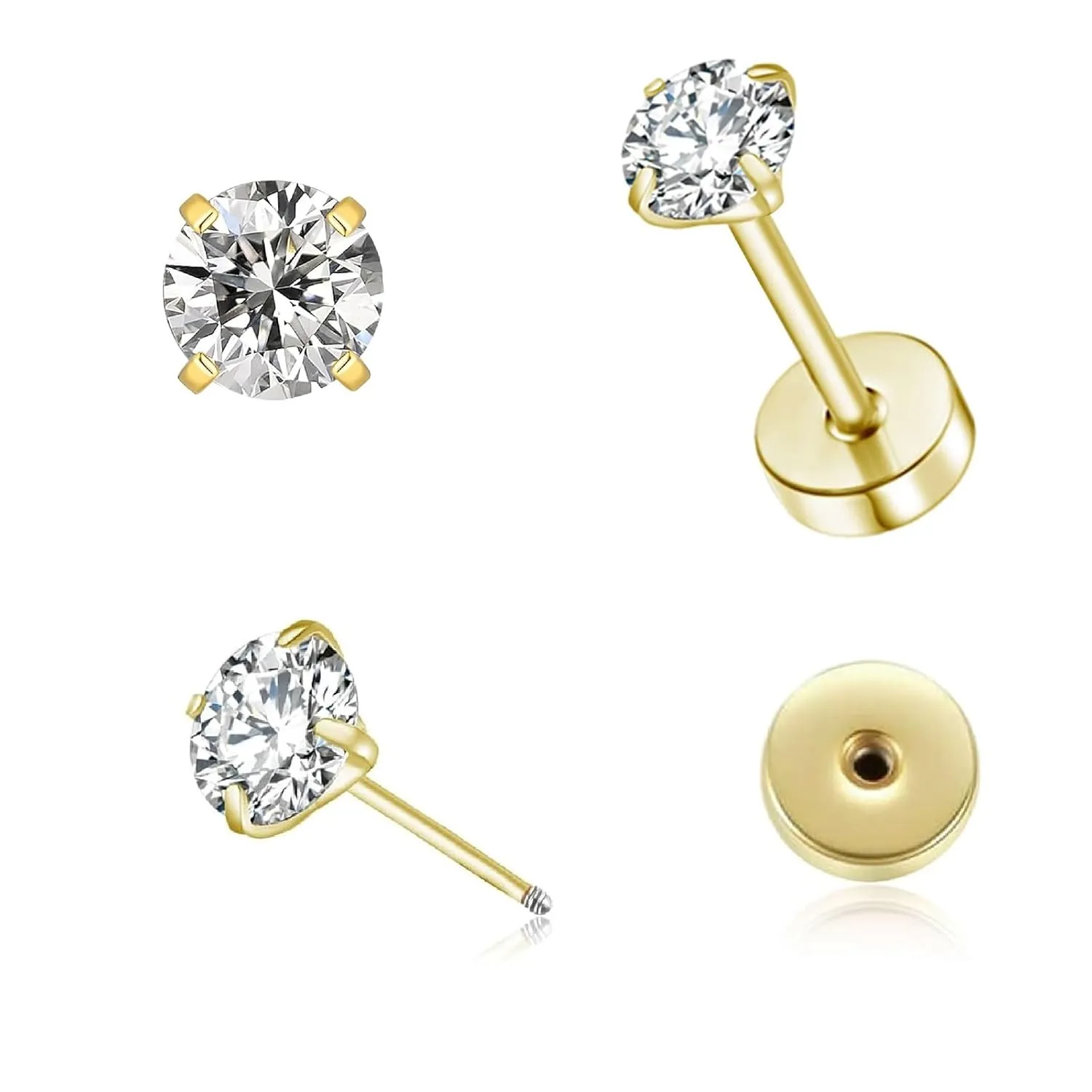 4mm Tiny CZ Flat Screw Back Stud Earrings for Unisex, Gold Screw on Flat Back Earrings, Helix Flatback Piercing Jewelry Gifts for Women Girls (Gold, 4mm)