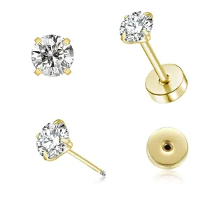 4mm Tiny CZ Flat Screw Back Stud Earrings for Unisex, Gold Screw on Flat Back Earrings, Helix Flatback Piercing Jewelry Gifts for Women Girls (Gold, 4mm)