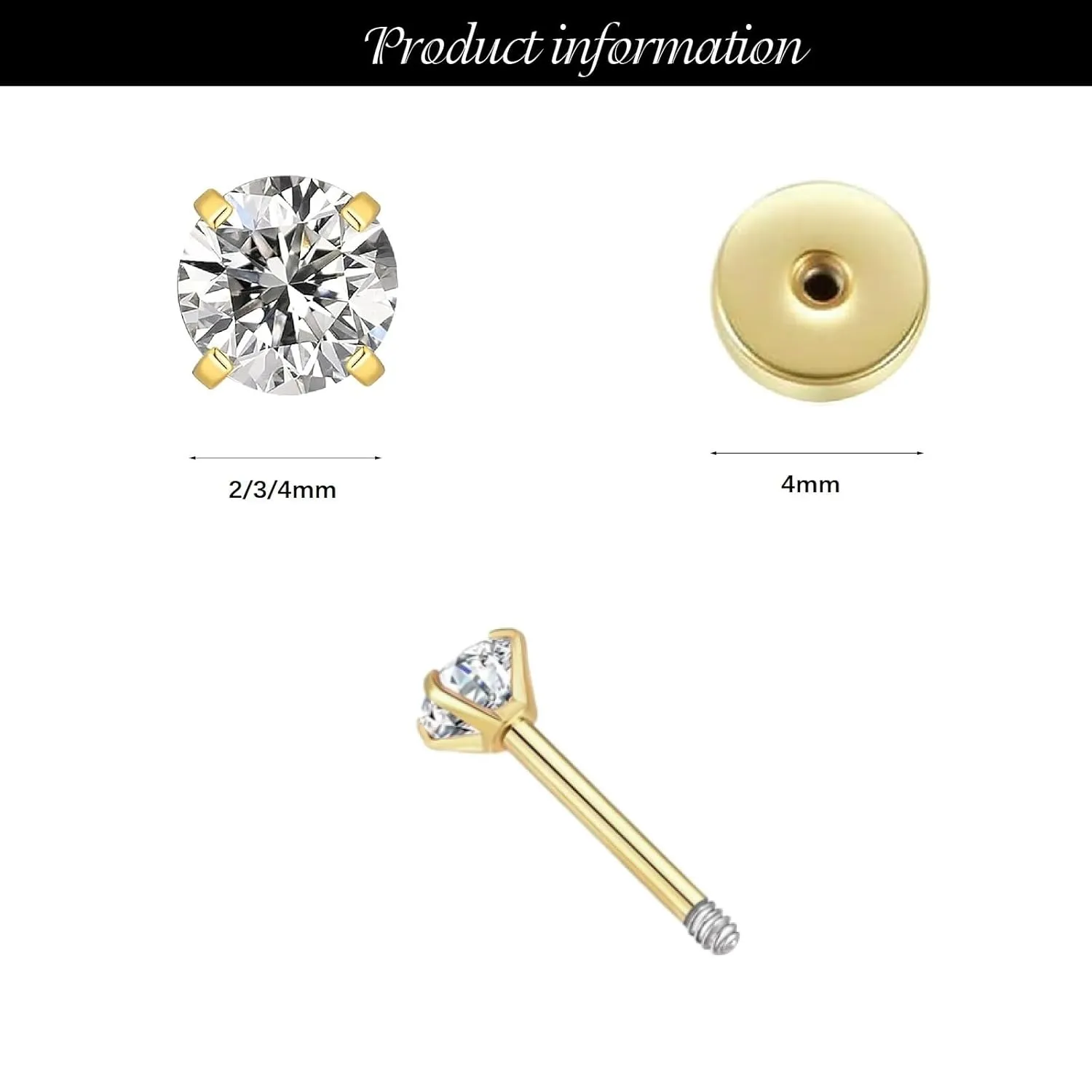 4mm Tiny CZ Flat Screw Back Stud Earrings for Unisex, Gold Screw on Flat Back Earrings, Helix Flatback Piercing Jewelry Gifts for Women Girls (Gold, 4mm)