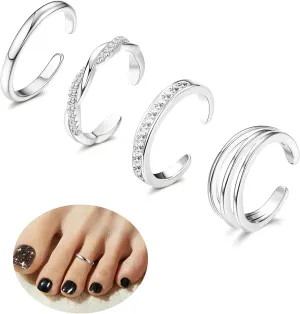 4PCS 14K Gold Plated Toe Rings, White Gold Plated Toe Rings for Women Hug CZ Triple Twist Simple Band Open Toe Rings Beach Foot Jewelry Adjustable