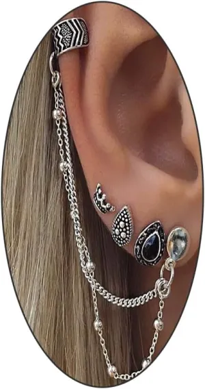 4Pcs Boho Vintage Ear Cuff Earrings for Women,Dainty Silver Chain Long Tassel Earring,Retro Black Crown Teardrop Stud Earrings Aesthetic Jewelry