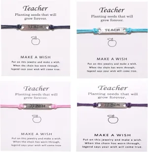 4Pcs Coloful Teacher Blessing Card Bracelet Bangle for Women Men Adjustable Braide Rope Greeting Wish Bracelet Teacher's Day Thanksgiving Day Jewelry Birthday Gift