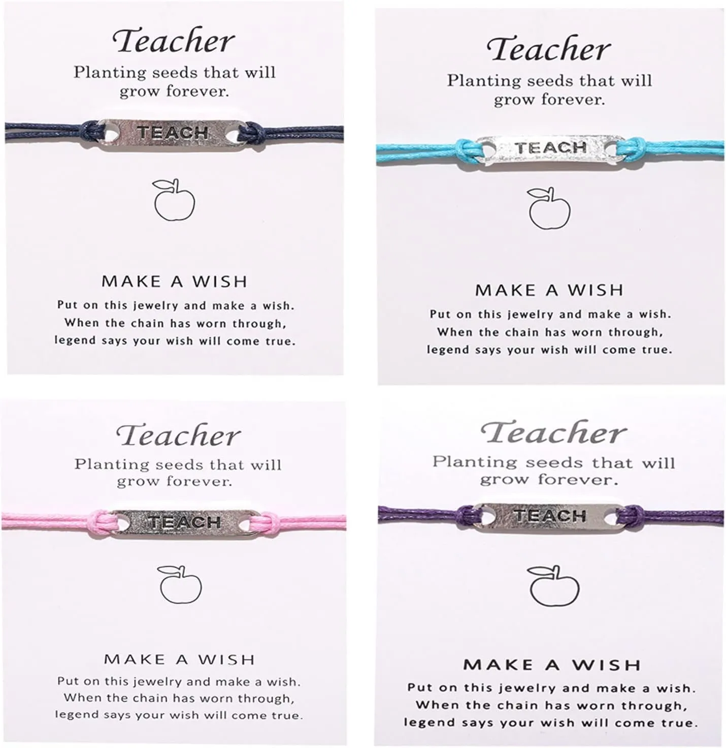 4Pcs Coloful Teacher Blessing Card Bracelet Bangle for Women Men Adjustable Braide Rope Greeting Wish Bracelet Teacher's Day Thanksgiving Day Jewelry Birthday Gift