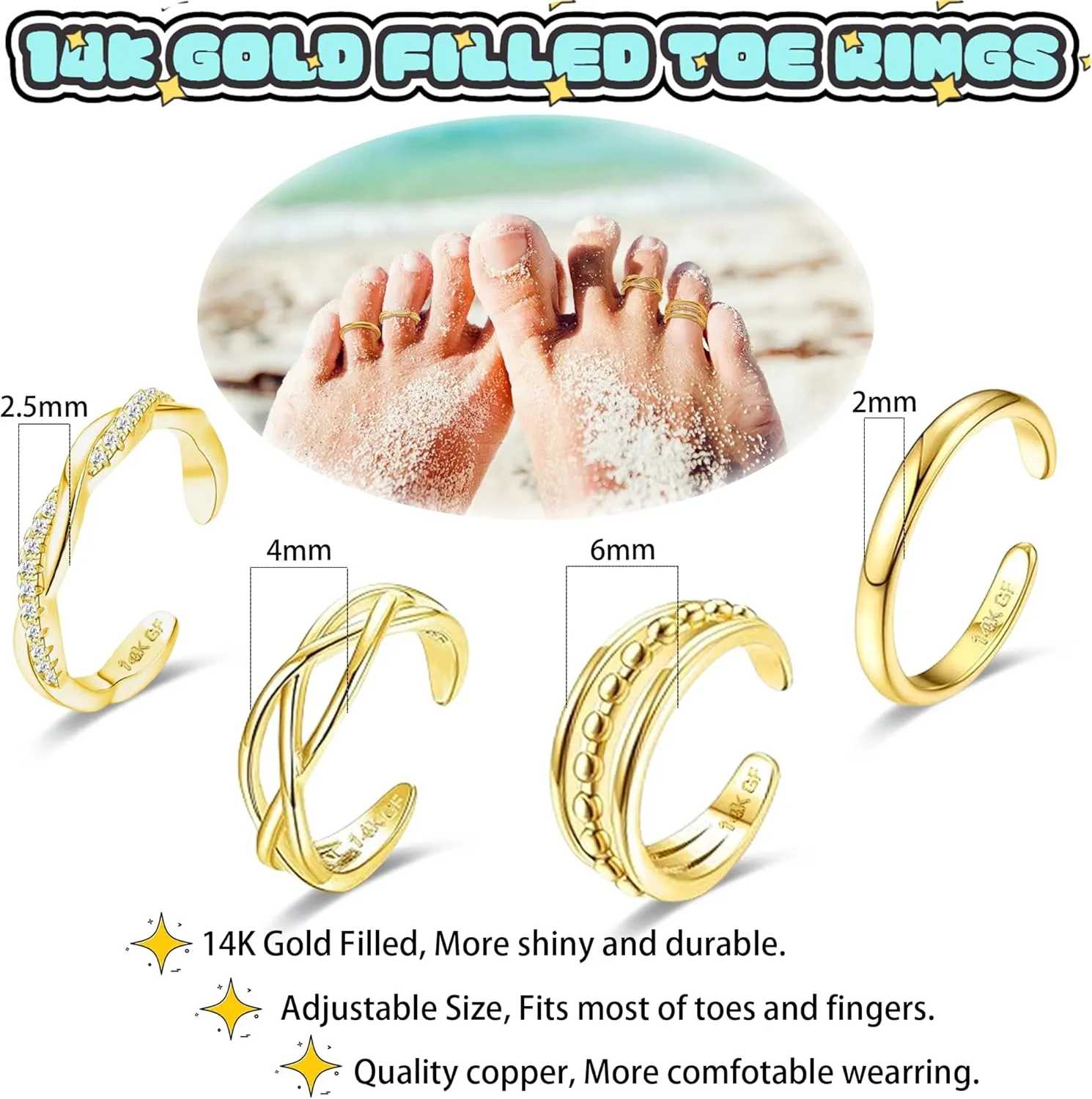 4PCS Toe Rings for Women Gold Adjustable 14K Gold Filled Toe Ring Set Simple Cute Thin Band Hawaiian Beach Summer Foot Jewelry Waterproof Gold Toe Rings