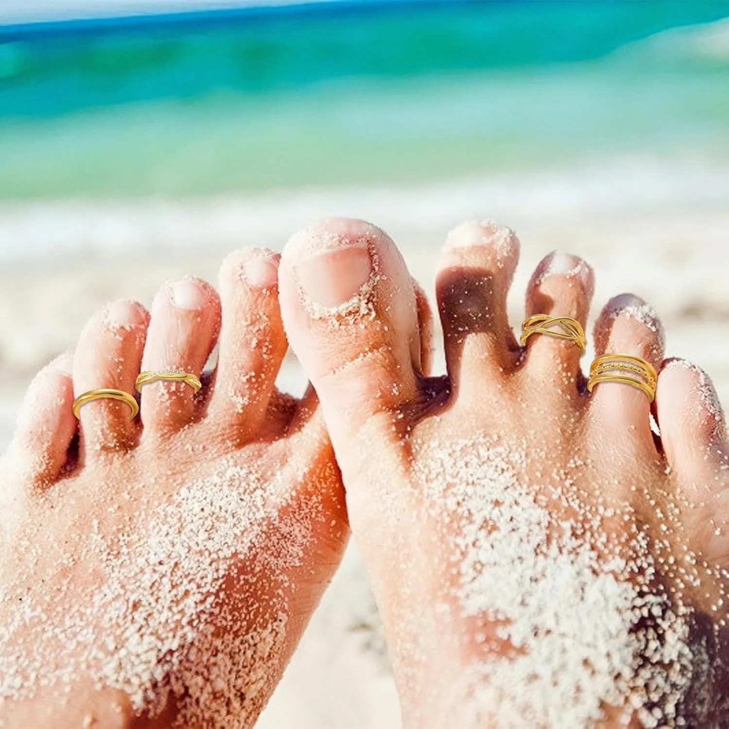 4PCS Toe Rings for Women Gold Adjustable 14K Gold Filled Toe Ring Set Simple Cute Thin Band Hawaiian Beach Summer Foot Jewelry Waterproof Gold Toe Rings