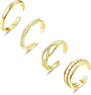 4PCS Toe Rings for Women Gold Adjustable 14K Gold Filled Toe Ring Set Simple Cute Thin Band Hawaiian Beach Summer Foot Jewelry Waterproof Gold Toe Rings