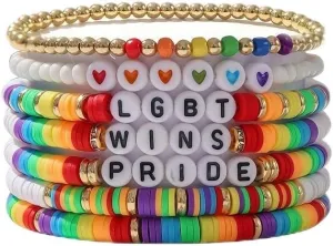 5-7Pcs Rainbow LGBT Bracelet Colorful Lesbian Gay Pride English Letter Heishi Surfer Bracelets Bulk Wristbands Pride Month Friendship Jewelry Gifts