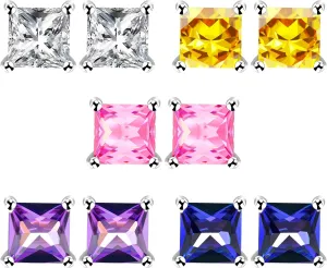 5 Pack Bulk Studs Earrings for Women - White/Yellow/Pink/Purple/Blue Square Zircon Earrings Studs Platinum Plated Party Prom Jewelry YA4373