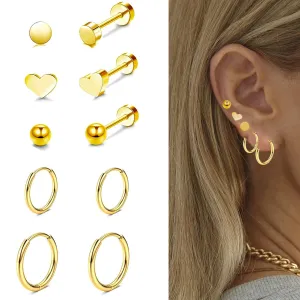 5 Pairs Flat Back Stud Earrings Hypoallergenic Surgical Steel Earrings for Sensitive Ears 14K Gold Flat Back Earrings for Women Men, Flatback Stud Hoop Cartilage Earring Set for Multiple Piercing