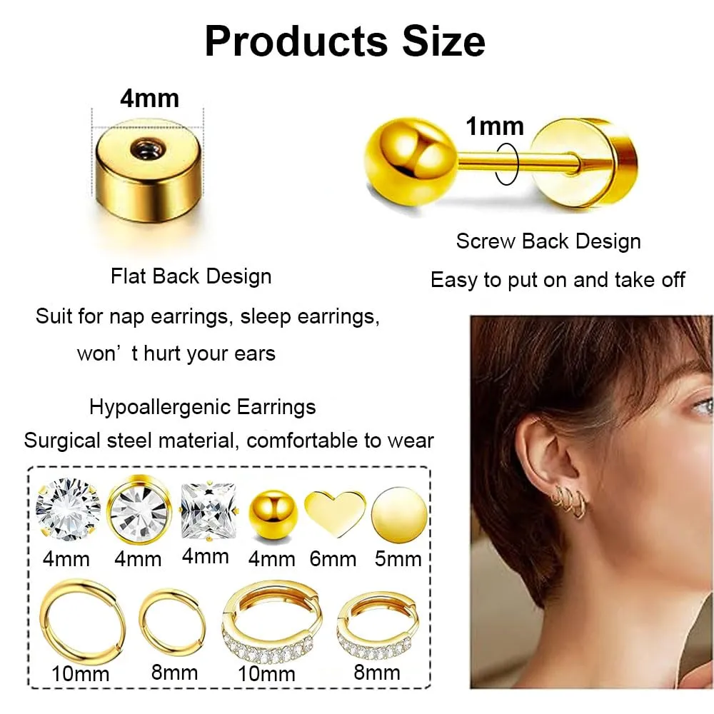 5 Pairs Flat Back Stud Earrings Hypoallergenic Surgical Steel Earrings for Sensitive Ears 14K Gold Flat Back Earrings for Women Men, Flatback Stud Hoop Cartilage Earring Set for Multiple Piercing