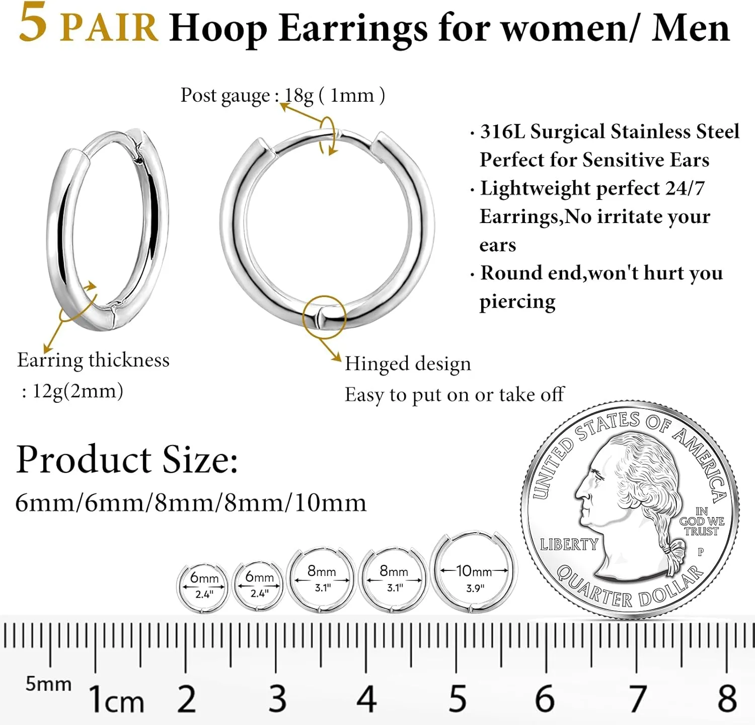 5 Pairs Small Gold Silver Hoop Earrings for Women Men,Hypoallergenic 316L Surgical Stainless Steel Earrings for Sensitive Ears,Cute Tiny Huggie Hoops Earrings Set for Multiple Piercing Jewelry Gift