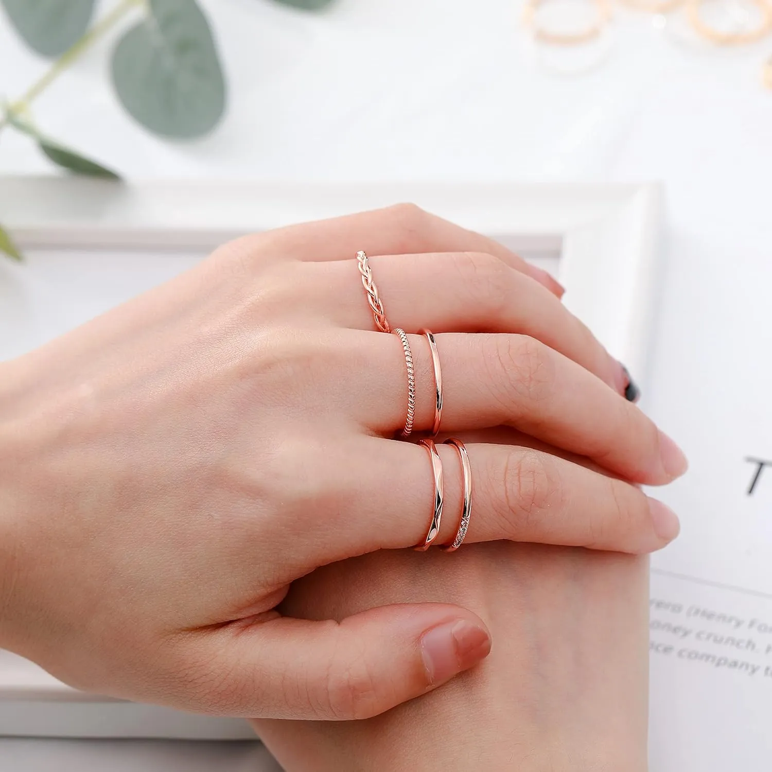 5 PCS 14K Gold Plated Stacking Rings for Women Thin Gold Stackable Band Ring No Tarnish Simple Knuckle Rings Filled Rose Gold Silver Gold Rings Set Size 5-10