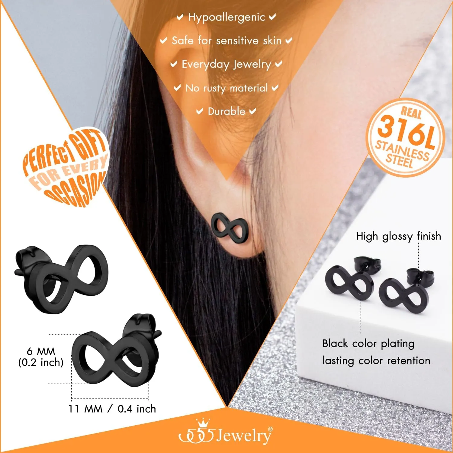 555Jewelry Infinity Stainless Steel Earrings for Women, Small Minimalist Hypoallergenic Earrings for Women Ladies