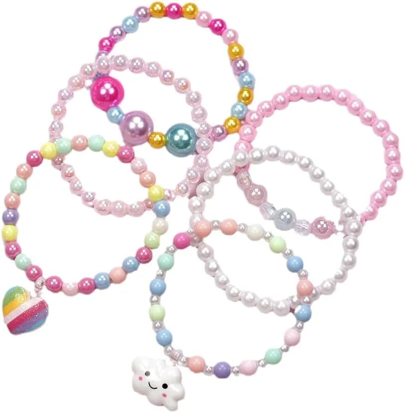 6 Pcs Set Colorful Beads Princess Bracelets Cute Rainbow Stretchy Pink Love Bracelet Costume Jewelry for