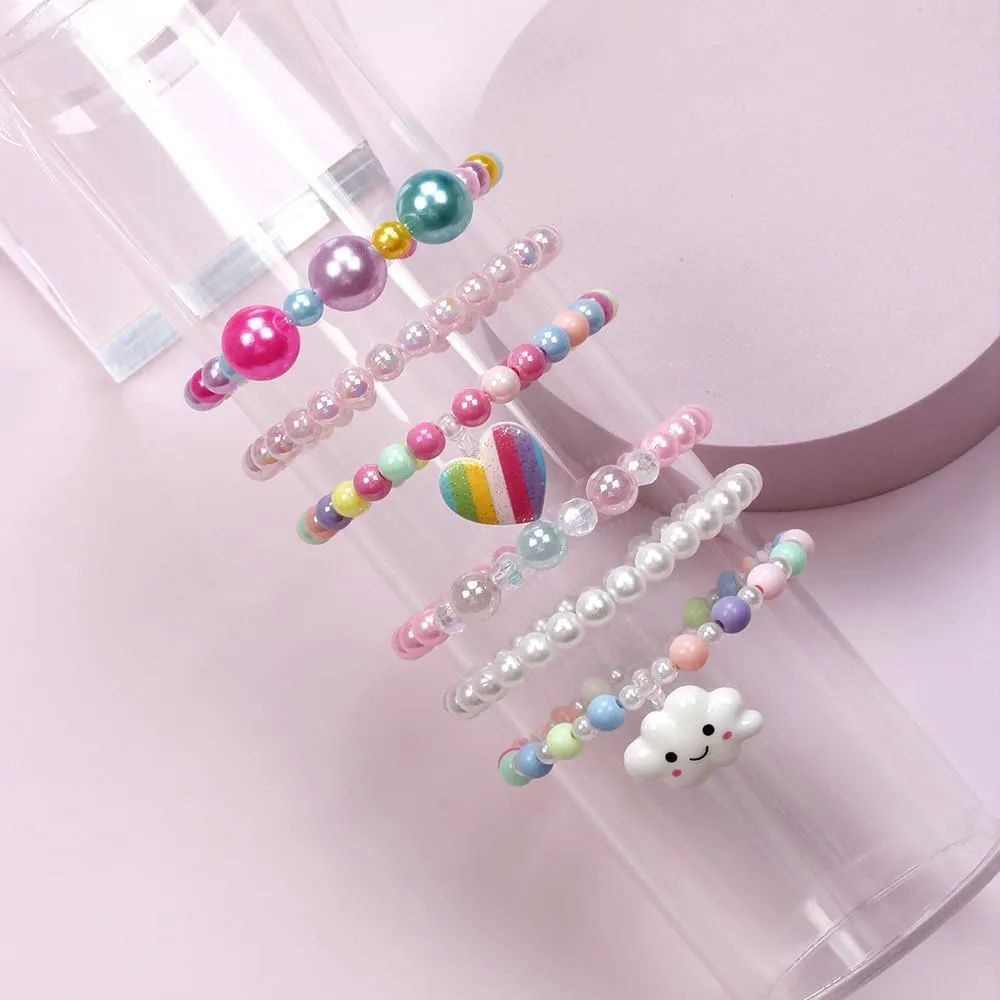 6 Pcs Set Colorful Beads Princess Bracelets Cute Rainbow Stretchy Pink Love Bracelet Costume Jewelry for