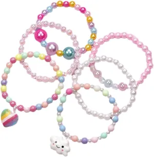 6 Pcs Set Colorful Beads Princess Bracelets Cute Rainbow Stretchy Pink Love Bracelet Costume Jewelry for