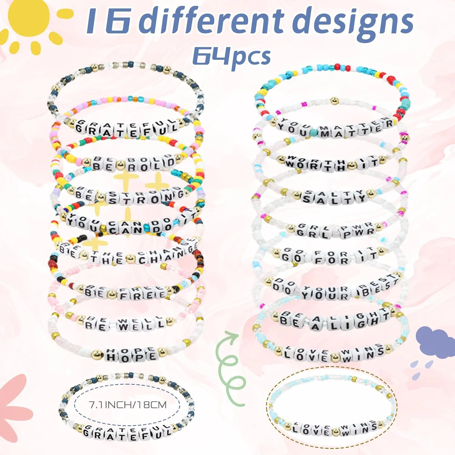 64 pcs Inspirational Beaded Bracelets Bulk Adjustable Colored Motivational Bracelets Friendship Beaded Encouragement Gifts for Women Men Teens Home Office Party Favor Gifts Supplies (beaded)