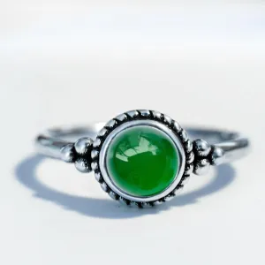 6mm Mini Natural Green Emerald Jade Ring,Retro Antique Vintage S925 Sterling Silver Tiny Cute Dainty Small Round Real Gemstone Crystal Quartz Thin Ring Jewelry for Women (A15_Emerald Jade, 9)