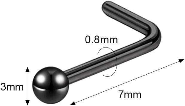 6pcs 20g Nose Studs 3mm Ball Flat Surgical Steel Nose Ring for Women Men Black Rose Gold Nose Stud L Shaped Corkscrew Nose Ring Studs Cute Nostril Nose Piercing Jewelry