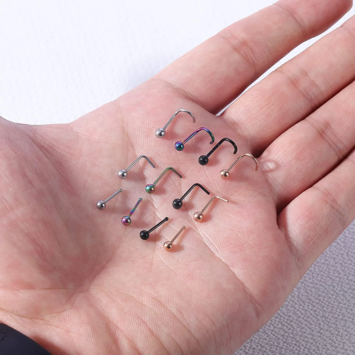 6pcs 20g Nose Studs 3mm Ball Flat Surgical Steel Nose Ring for Women Men Black Rose Gold Nose Stud L Shaped Corkscrew Nose Ring Studs Cute Nostril Nose Piercing Jewelry