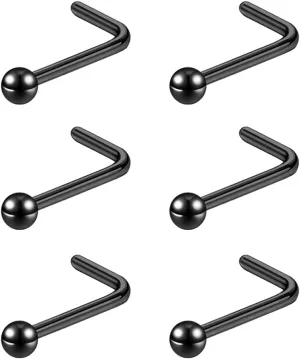 6pcs 20g Nose Studs 3mm Ball Flat Surgical Steel Nose Ring for Women Men Black Rose Gold Nose Stud L Shaped Corkscrew Nose Ring Studs Cute Nostril Nose Piercing Jewelry