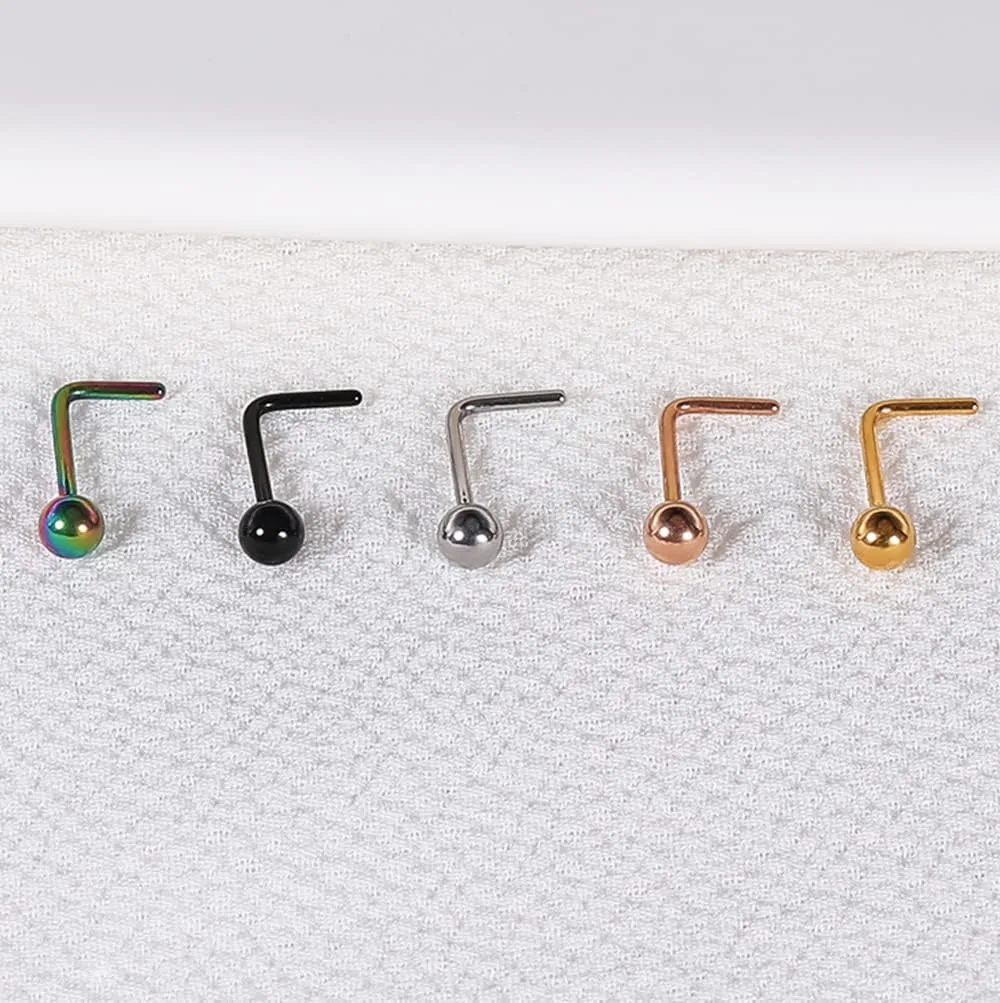6pcs 20g Nose Studs 3mm Ball Flat Surgical Steel Nose Ring for Women Men Black Rose Gold Nose Stud L Shaped Corkscrew Nose Ring Studs Cute Nostril Nose Piercing Jewelry