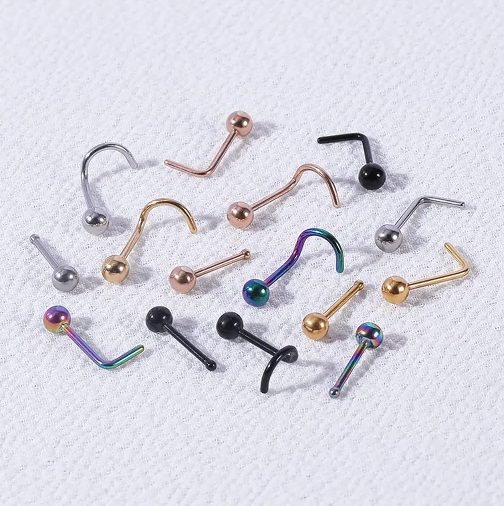6pcs 20g Nose Studs 3mm Ball Flat Surgical Steel Nose Ring for Women Men Black Rose Gold Nose Stud L Shaped Corkscrew Nose Ring Studs Cute Nostril Nose Piercing Jewelry
