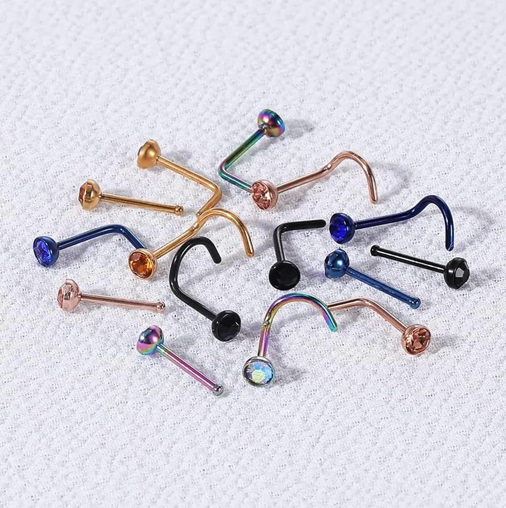 6pcs 20g Nose Studs Black Rose Gold Nose Rings Stainless Steel L Shaped Corkscrew Nose Ring Studs for Women Men Small Cute Nose Rings Stud 3mm Cz Nostril Piercing Jewelry