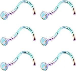 6pcs 20g Nose Studs Black Rose Gold Nose Rings Stainless Steel L Shaped Corkscrew Nose Ring Studs for Women Men Small Cute Nose Rings Stud 3mm Cz Nostril Piercing Jewelry