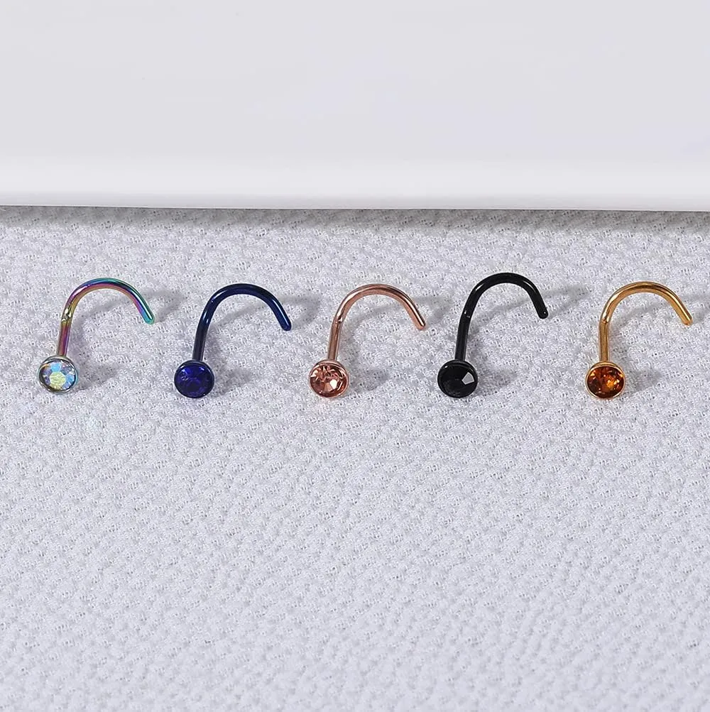 6pcs 20g Nose Studs Black Rose Gold Nose Rings Stainless Steel L Shaped Corkscrew Nose Ring Studs for Women Men Small Cute Nose Rings Stud 3mm Cz Nostril Piercing Jewelry